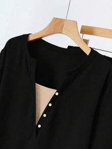 SHEIN LUNE Setelan Kasual Wanita Ukuran Besar Musim Gugur Lengan Panjang Kancing 2 In 1 Atasan dan Celana Panjang Lebar - MultiWarna - View 6