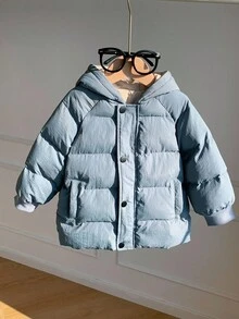 SHEIN Áo khoác mùa đông có mũ trùm đầu màu xanh dương có khóa kéo, đệm cotton, thoải mái, dễ phối đồ, đa năng, mềm mại, phù hợp để chơi trên tuyết - Màu xanh bụi bặm - Xem 3