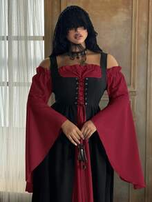 Lyrianda Plus Size Women Off Shoulder Long Sleeve Flare Sleeve Ruffle Elegant Vintage Cute Halloween Party Casual Holiday Colorblock Dress
