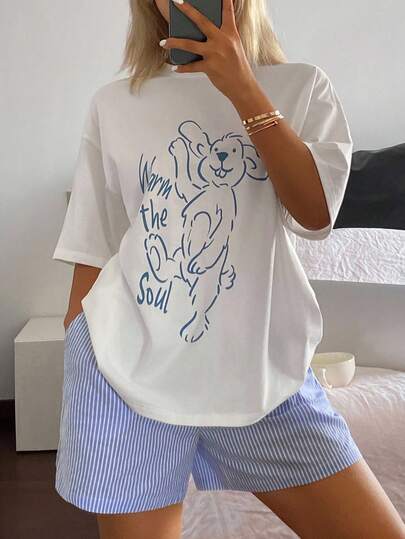 DAZY Cute Puppy Print Loose T-Shirt Graphic Tee & Striped Shorts Pajama Set For Women
