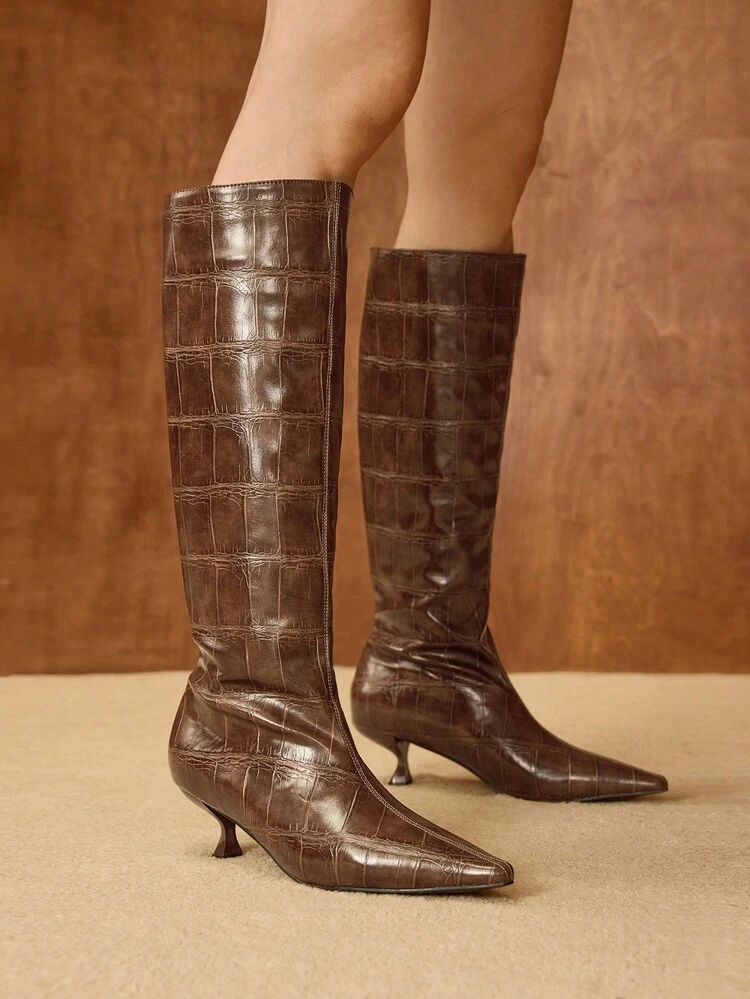 Botas altas con estampado de cocodrilo, botas de montar hasta la rodilla con tacones altos y delgados para mujeres