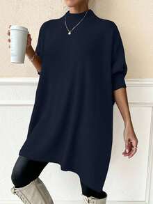 SHEIN Women Solid Color Mock Neck Half Sleeve Oversize Pullover