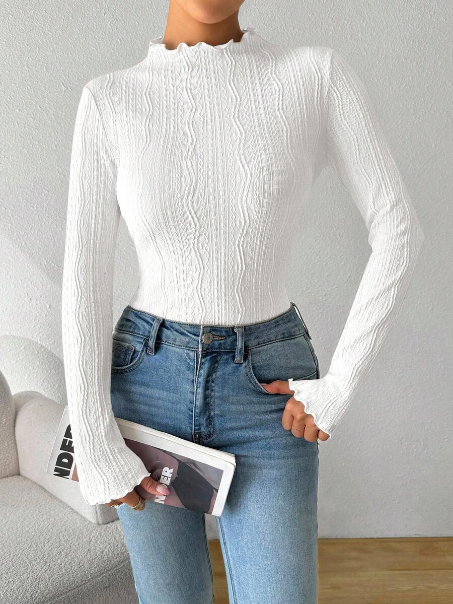 SHEIN Essnce Atasan Wanita Musim Semi/Panas Musim Gugur Polos dengan Hiasan Selada, Kerah Tegak, Lengan Panjang, Potongan Ramping - Putih - View 1