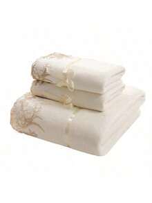 3-Piece Set, Lace Trim Towel + Bath Towel Set, Superfine Fiber Soft Quick-Drying Lint-Free Fade-Resistant Set, High-End Elegant Advertising Gift Daily Necessities Towel & Bath Towel - 35*75cm*2+70*140cm - View 5