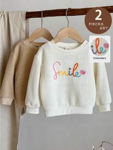 LMoss Kids LMoss  2pcs Baby Girl Knitted Solid Color Letter Embroidered Crew Neck Casual Sweatshirt Set,Winterclothes For Baby Fall - Multicolor - View 3