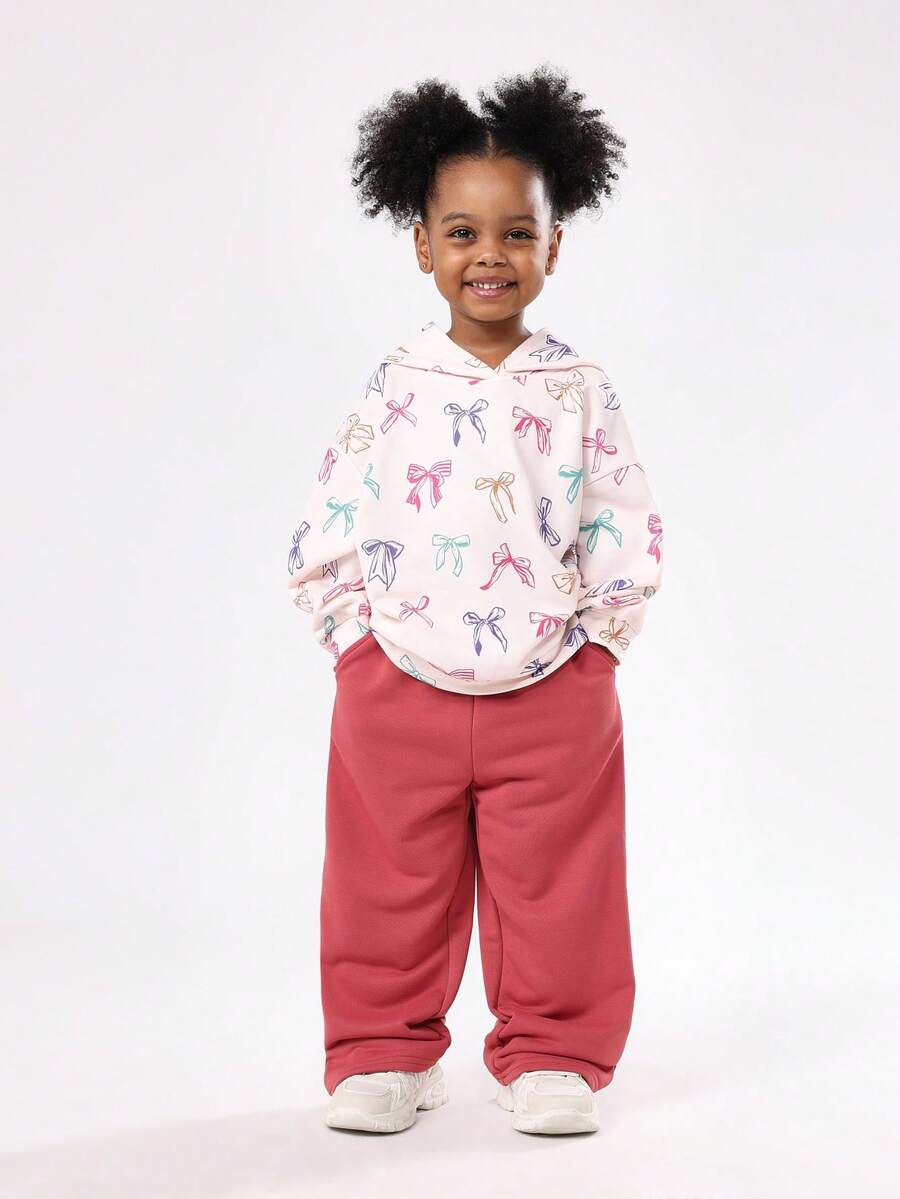SUMWON Conjunto de sudadera y pantalón de chándal con estampado de lazo para niñas, sudadera con capucha y pantalón jogger, conjunto cómodo para días festivos, otoño e invierno, uso casual - Rojo violeta - Ver 1