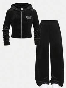 SHEIN Tween Girls' Streetwear Black Autumn Casual Family Matching,Velvet Butterfly Rhinestone Zip-Up Cropped Hoodie And Flare Pants 2-Piece Outfit,Y2K Set - Black - View 8