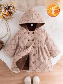 SHEIN Jaqueta corta-vento infantil feminina, casual, simples, de abotoamento simples, cáqui, manga comprida, com capuz e forro de pele marrom, adequada para escola, uso diário, viagens