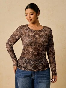 SHEIN VCAY Plus Size Casual Bohemian Geometric Print Brown Floral Pattern Round Neck Long Sleeve Fitted Knit Base Layer Top T-Shirt