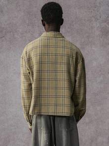 STYNVO 男士格子休闲长袖衬衫 男士短款纽扣衬衫 男士外套衬衫 格子衬衫，秋季 - 卡其色 - 查看 3