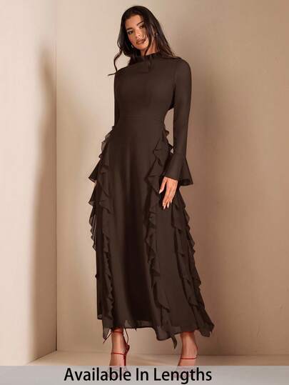 SHEIN Tall CURVE 大码女式优雅高领长袖荷叶边下摆连衣裙，适合约会之夜、庆典、秋冬、茶会礼服