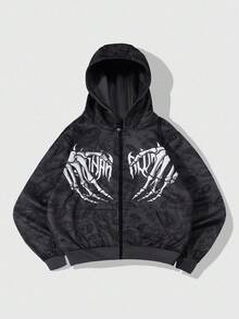 ROMWE MEN Street Life Men's Autumn Skull Print Zip-Up Hoodie Sweatshirt