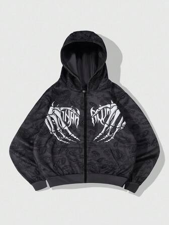 Street Life Felpa con cappuccio e chiusura lampo con stampa teschio da uomo, autunnale