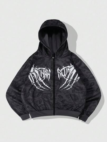 Street Life Sudadera con capucha con cremallera y estampado de calavera para hombre, otoño