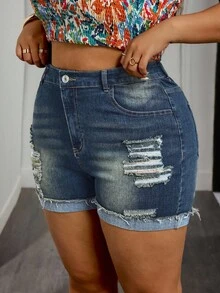 Slaydiva Quần short denim bó sát viền tua rua có túi rách cỡ lớn - Rửa tối - Xem 1