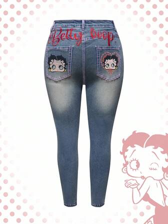 Betty Boop | ROMWE Jeans pitillo de talla grande con bordado de letras y figuras lavados