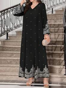 SHEIN Najma Women's Floral Print White Polka Dot Black Fashion Long Sleeve Elegant Arabic Style Maxi Dress, Spring/Autumn