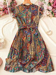 Trelyra Floral Print Stand Collar Pleated Waist Vacation Dress
