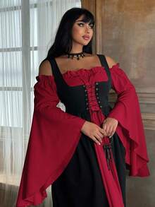 Lyrianda Plus Size Women Off Shoulder Long Sleeve Flare Sleeve Ruffle Elegant Vintage Cute Halloween Party Casual Holiday Colorblock Dress