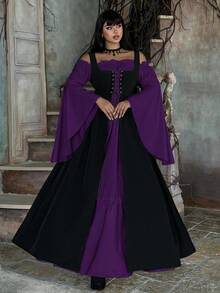 Lyrianda Plus Size Women's Off Shoulder Long Sleeve Flare Sleeve Ruffle Elegant Vintage Cute Halloween Party Casual Holiday Colorblock Dress