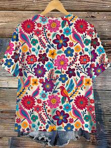 Mellowie Casual Floral Graphic Round Neck Loose Fit Plus Size Short Sleeve T-Shirt, Pullover For Summer Suitable For Going Out