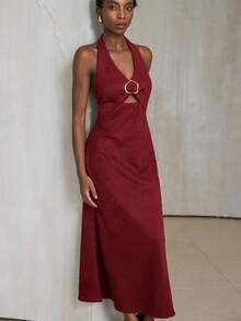 Aveloria Modichic Vintage Elegant Luxury Halter Backless Hollow Metal Buckle Decor Waist Cinched Sexy Fishtail Hem Women Long Sleeveless Dress