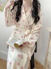 SHEIN 1件套浴袍浴袍晨袍女欧美简约长袖睡袍春秋新款甜美可爱小码大码浴袍全长粉色蝴蝶结长袖薄款纯色睡衣家居服 - 米色 - 查看 11