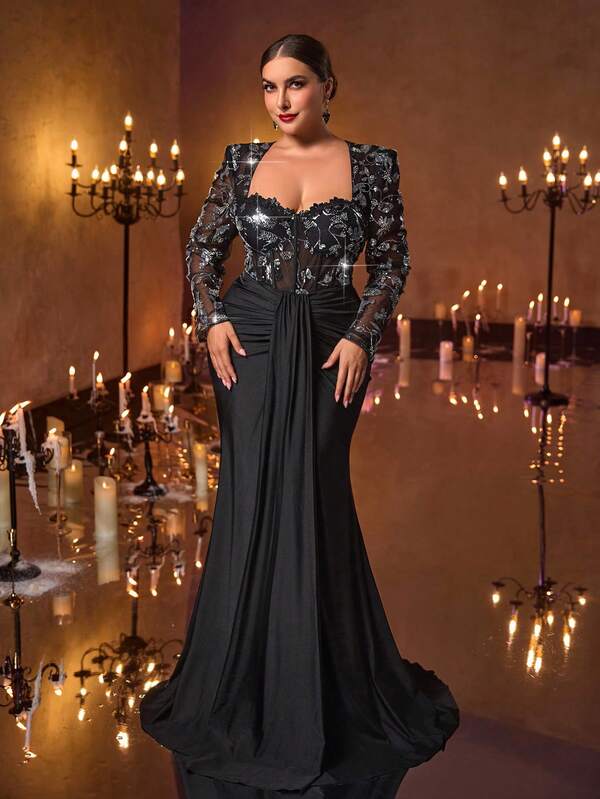 Glamrae Vestido plus size elegante, romântico, preto, decote coração, ombro 3D, manga comprida, cintura transparente, decoração em espinha de peixe, patchwork de lantejoulas, elástico, plissado, rabo de peixe, adequado para casamento, festa de solteiros, férias, baile, vestido de noite (resistente)