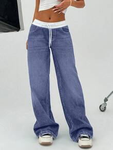 EURMUSE 100% 纯棉女式短裙年轻时尚低腰阔腿宽松牛仔裤