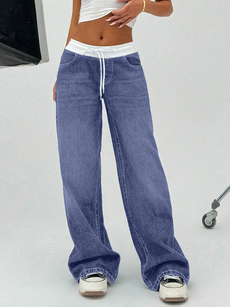 EURMUSE 100% 纯棉女式短裙年轻时尚低腰阔腿宽松牛仔裤