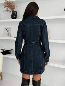 EURMUSE Women'S Solid Color Denim Dress With Waist Belt - Dark Wash - View 2