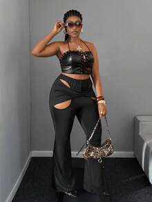 Maweii Pantalon évasé sexy à grande taille avec découpes et torsades, pour soirée - Noir - Voir 2