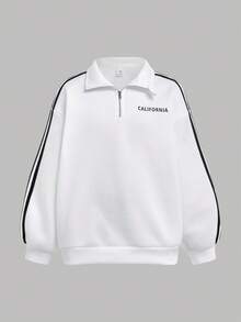 SHEIN Tween Girl White Knit Half-Zip Collar Loose Casual School English Print Sweatshirt, Back To School, Minimalist Daily Wear Fall Winter