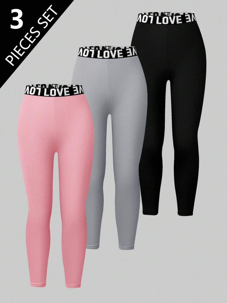 3pcs Girls Text Waistband Black Cool & Comfortable Sports Leggings Fall Winter