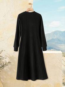 Rusticease 女式休闲纯色罗纹仿珍珠连衣裙 - 黑色 - 查看 2