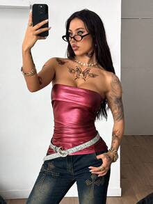 Coolane Atasan Wanita Streetwear Musim Gugur/Dingin untuk Acara Keluar Rumah Gaya Y2K Punk PU Slim Fit Warna Merah - Merah - View 3