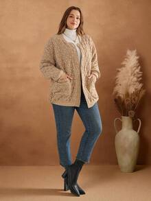 EMERY ROSE 秋冬款大码女式绗缝纽扣口袋夹棉大衣 - 駝色 - 查看 4