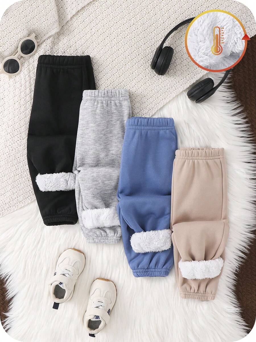 SHEIN Conjunto de 4 peças de calças de moletom térmicas forradas para bebês meninos, estilo casual, confortável e versátil, ideal para uso interno e externo, dia a dia, esportes, brincadeiras e festas no outono/inverno. Calças para bebês recém-nascidos, calças para bebês, calças de moletom para bebês. - Multicolorido - Ver 1