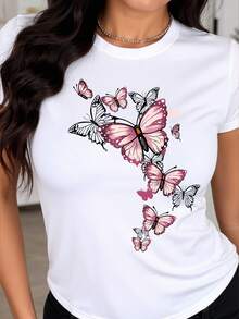 EMERY ROSE 粉色蝴蝶图案常规圆领短袖女式T恤 - 白色 - 查看 1