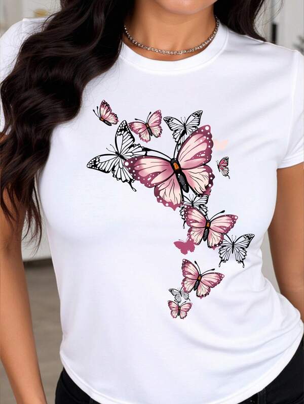 EMERY ROSE 粉色蝴蝶图案常规圆领短袖女式T恤