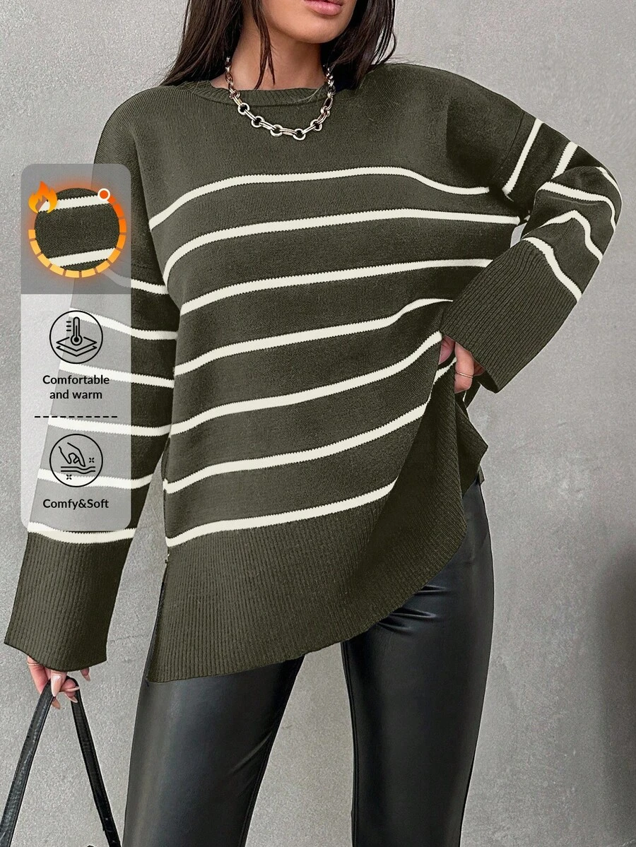 EURMUSE Women Striped Crew Neck Drop Shoulder Long Sleeve Casual Loose Knitted Sweater,Jumper,Cream Jumper,Jumpers,Black Jumper,Womens Jumper,White Jumper,Women's Jumper,Women's Jumpers,Winter Clothes - Army Green - View 1