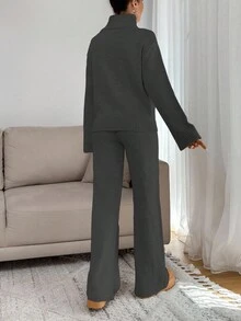 SHEIN Tall Women Relaxed Fit Turtle-Neck Sweater With Rib Knit Detailed And Straight Knit Pant Set, Tall Women - Grey - View 2