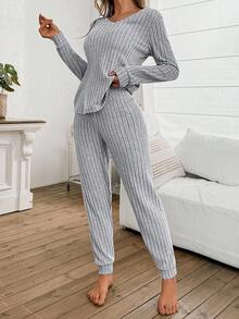 SHEIN Women's Ribbed Fleece Casual Lounge Set, V-Neck Long Sleeve Top And Pants, Suitable For Sleepwear Or Outerwear, Fall Winter Clothes, Cozy - Light Grey - View 5