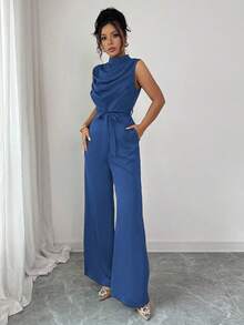 Elenzga Bộ đồ liền thân không tay nhún bèo cổ trụ màu xanh lá cây thanh lịch dành cho nữ, có eo thắt, Xuân/Hè - Xanh đậm - Xem 5