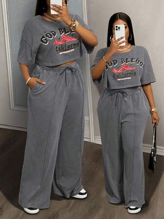 Slaydiva 大码女式两件套休闲街头风格短款T恤和宽松运动裤