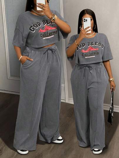 Slaydiva Conjunto de 2 piezas para mujer talla grande, estilo casual de calle, camiseta corta y pantalón de chándal holgado