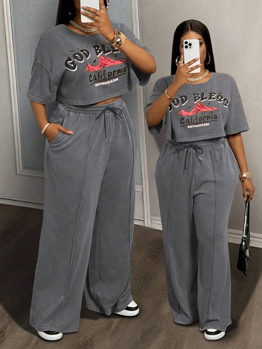 Slaydiva 大码女式两件套休闲街头风格短款T恤和宽松运动裤 - 灰色 - 查看 1