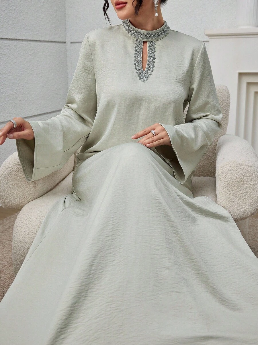 Al Najma 女士优雅喇叭袖阿拉伯风格连衣裙 - 淺灰色 - 查看 1