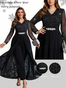 Ellevyn 大码优雅派对亮片和水钻装饰连体裤 - 黑色 - 查看 8