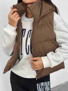 SHEIN Sparklyn 青少年女孩休闲百搭百搭日常保暖秋冬短款连帽棉衣背心 - 棕色 - 查看 3